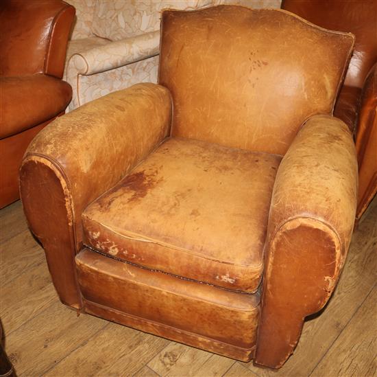 A 1940s French tan leather club armchair, W.89cm H.78cm L.89cm